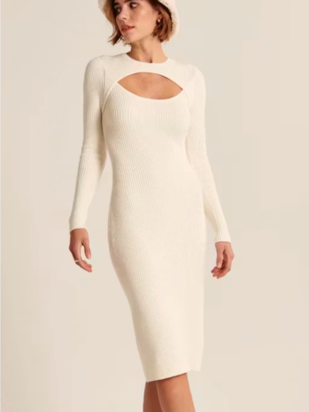 Abercrombie & Fitch Cutout Front Ribbed Knit Midi Dress - White SOLD OUT